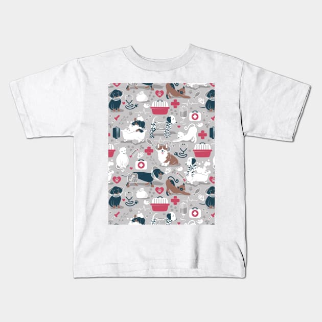 Veterinary medicine, happy and healthy friends // pattern // grey background red details navy blue white and brown cats dogs and other animals Kids T-Shirt by SelmaCardoso